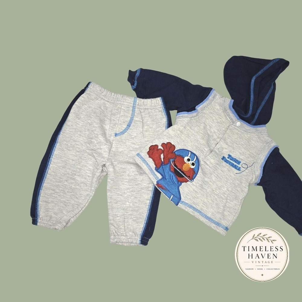 Vintage Sesame Street Elmo Football Hoodie Pants Set Grey Blue Y2K Size 6 / 9 M